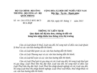 Thông tư liên tịch số 64/2015/TTLT-BTC-BCT-BCA-BQP ngày 8/5/2015