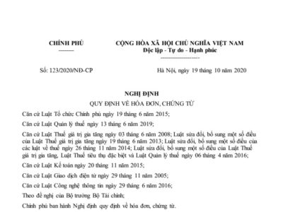 Nghị định: Quy định về hóa đơn, chứng từ số 123/2020/NĐ-CP