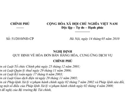 Nghị định về hóa đơn bán hàng hóa, cung ứng dịch vụ 51/2010/NĐ-CP