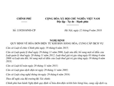 Nghị định về hóa đơn điện tử khi bán hàng hóa, cung cấp dịch vụ số 119/2018/NĐ-CP