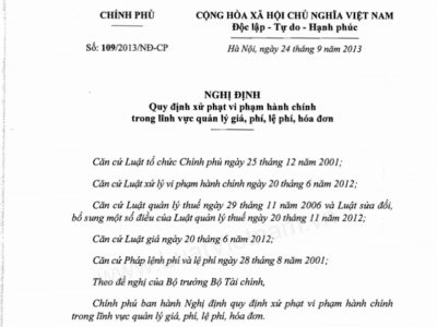 Nghị định 109/2013/NĐ-CP của Chính phủ ban hành 24/09/2013